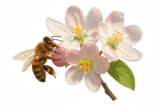 Honey bee pollinating apple blossoms, collecting nectar and pollen, contributing to spring growth and fertility