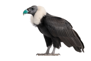 An elegant black vulture with a striking blue beak and white ruff, showcasing the beauty of wildlife and nature.