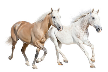 Two majestic horses galloping together, showcasing strength and grace in motion against a plain backdrop.