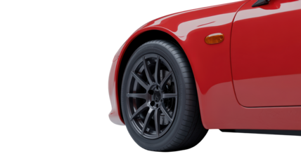 Sleek red car showcasing automotive design and alloy wheels