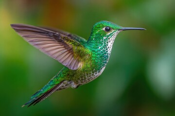 Naklejka premium A vibrant green and white hummingbird in mid-flight, wings spread against a blurred green backdrop