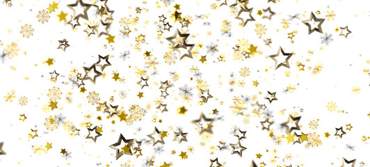 Beautiful and festive abstract background of golden stars and snowflakes on a white background, perfect for holiday and celebration design.