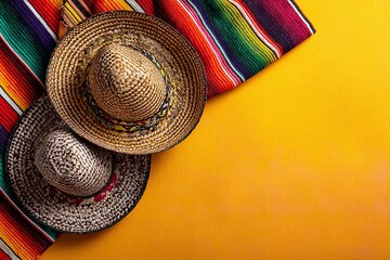 Discover vibrant Mexican culture with these traditional sombreros and colorful serape, perfect for Cinco de Mayo celebrations and cultural events, offering festive vibes