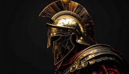 A side view of a shiny, ornate helmet with gold and red accents, displayed against a dark, blurred background. The helmet hints at a historical or fantasy theme