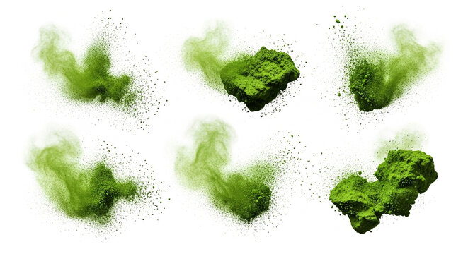 Vibrant green matcha powder exploding into dynamic cloud bursts and scattered particles, perfect for health and wellness promotions.