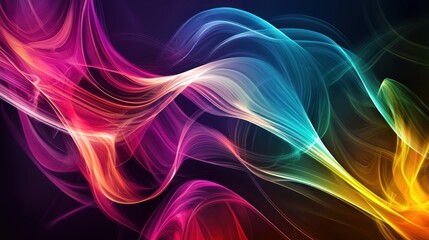 A vibrant, abstract design featuring a spectrum of colors and fluid shapes on a dark background.