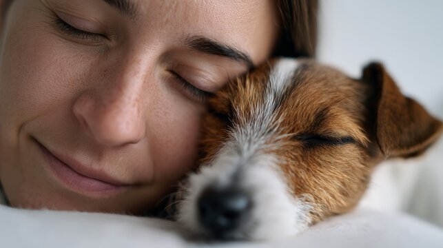 Woman and a small dog resting peacefully, sharing a deep bond of friendship and tenderness, finding comfort in each other's close presence while sleeping soundly