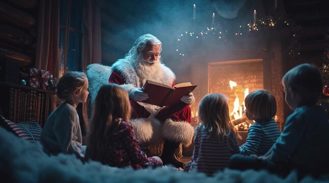 Cinematic wide shot of Santa sitting by the fireplace, surrounded by children as he reads a Christmas storybook, warm dreamy lighting and magical festive atmosphere.