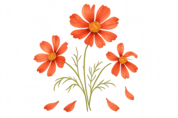Orange cosmos flowers illustration with green stems and falling petals, botanical drawing on transparent background