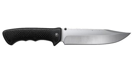 Close-up of Survival Knife with Textured Black Grip and Brushed Metal Blade Isolated on White