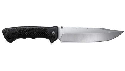 Close-up of Survival Knife with Textured Black Grip and Brushed Metal Blade Isolated on White