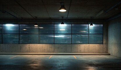 Dark, empty parking garage interior with fluorescent lighting and a long, frosted window