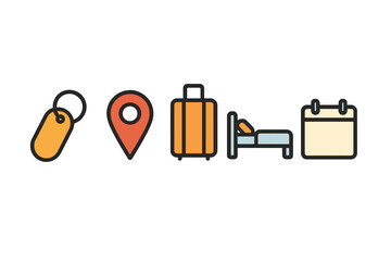 Travel and booking icons set featuring luggage tag location pin suitcase bed and calendar symbols
