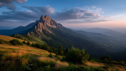 The Mountain peak at golden hour in summer. The long exposure captures  Mountain landscape at sunset Panoloma view.