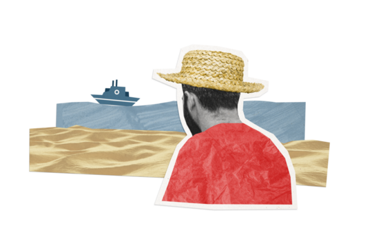 Composite photo collage of man wear straw hat stand back watch vessel tourism passenger float adventure rest isolated on painted background