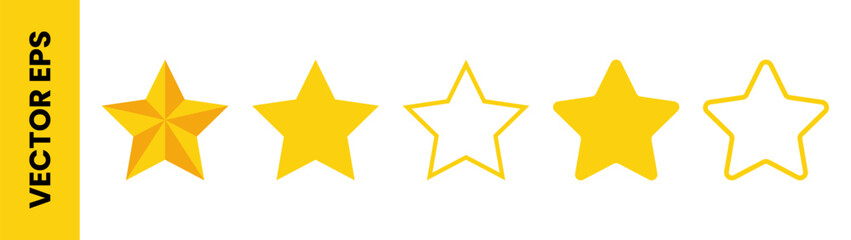 Yellow star icons vector set in various style . Stars symbol for reviews feedback rating