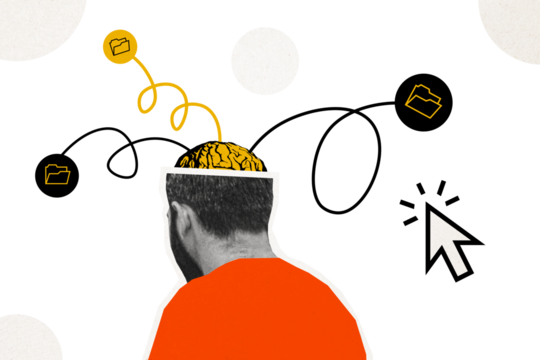 Composite photo collage of young man programmer sit back cut head brain memory folder concept mouse click tab isolated on painted background