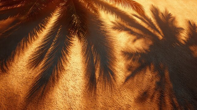Palm tree shadows cast on sandy surface during sunset.
