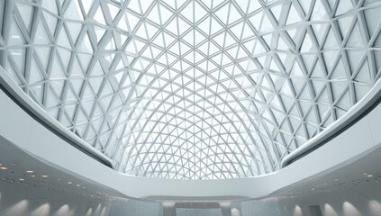 Interior view of a modern building featuring a curved, geometric glass ceiling with bright lighting