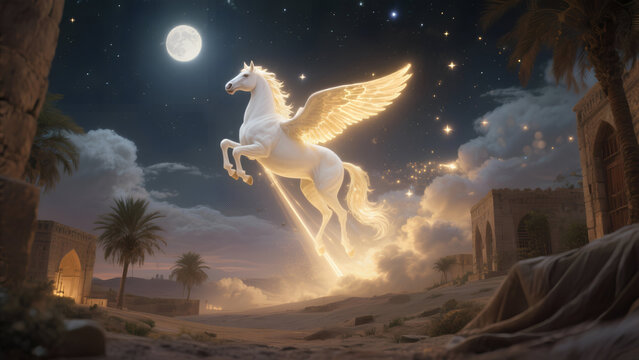 A beautiful night sky scene representing Isra Mi&rsquo;raj, a luminous white horse-like creature (Buraq) with wings made of light ascending through the stars, surrounded by glowing clouds and golden celesti
