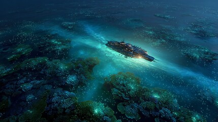Fototapeta premium Futuristic spaceship gliding through vibrant, glowing underwater coral reefs, exploring an alien ocean world, a stunning visual fantasy