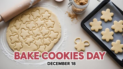 Celebrate Bake Cookies Day on December 18 with delicious homemade cookie dough, rolling pin, and baking tray filled with freshly baked golden cookies for family fun