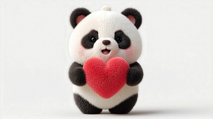 Cute Fluffy 3D Panda Mascot Character Holding a Plush Red Heart. Animation Style Illustration for Branding and Children Design, Isolated on White