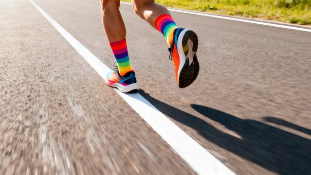 Person running on road with rainbow socks - Powered by Adobe