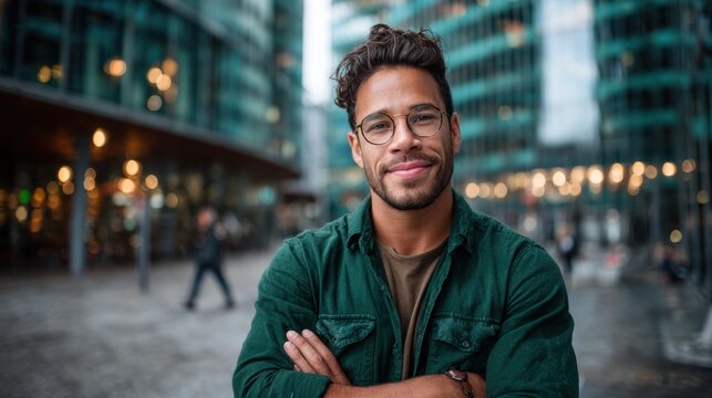 A confident young man poses with a warm smile in an urban environment, highlighting the essence of modern life, professionalism, and self-assurance amidst the city's hustle.