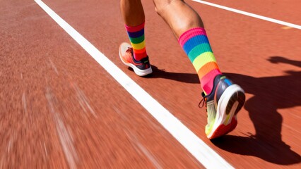 Runner on track with rainbow socks