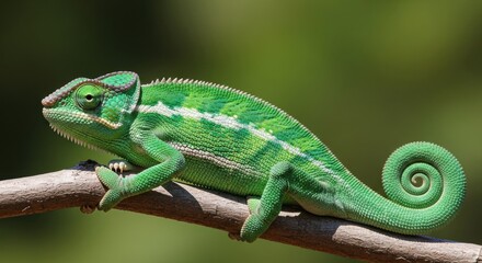Obraz premium Close-up profile of a colorful green chameleon reptile resting on a wooden stick with a blurred background