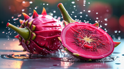 Fresh Red Dragon Fruit Slices with Water Splash