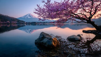 The Golden hour in summercherry blossom on the rock in the middle of lake in springs In the background is the clear crystal lake in front of the majestic Mountain Fuji with Sunset mountain range