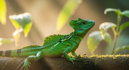 Fototapeta premium Detailed close-up shot of a bright green basilisk lizard perched on a branch in a sunlit forest, showcasing its scales and features