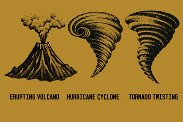 Halftone cyclone, twisting, volcano grunge texture, dotted mountain range, pointillist effect, retro halftone landscape, retro artwork, winter landscape vector illustration, nature scenery. © SAGOR