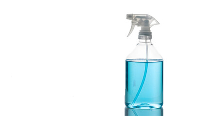Cyan cleaning spray stands backlit against black, reflects below. Use in product photography, web, or branding.