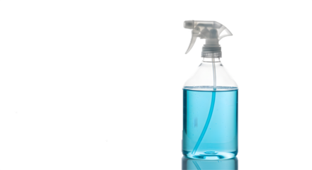 Cyan cleaning spray stands backlit against black, reflects below. Use in product photography, web, or branding.
