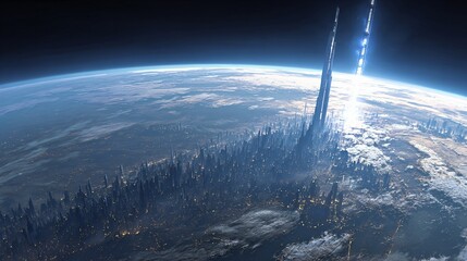 Futuristic city reaching into space with glowing towers, symbolizing technology, innovation, and the future of urban life
