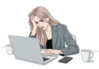 A stressed woman working on a laptop with a worried expression, surrounded by empty coffee cups isolated on transparent background