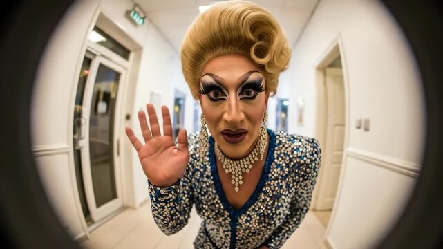 A glamorous drag queen with elaborate makeup a blonde wig and a sequin dress looks through a peephole with a curious expression creating a unique and personal perspective.

