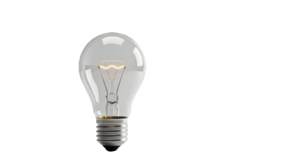 Clear glass bulb glows on black. Use for product display, presentation, and digital designs.