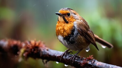 Fototapeta premium A stunning bird perched on a branch amidst rain drops, showcasing its vibrant plumage and resilience, capturing a moment of beauty in nature’s serene yet dynamic environment.