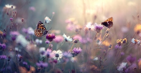 Two butterflies alight on wildflowers in a sunlit meadow, capturing a serene and idyllic scene