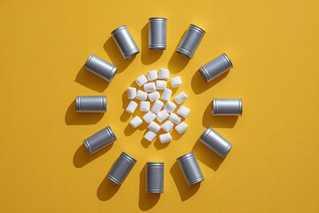 An overhead perspective of silvery containers arranged around a cluster of white, fluffy marshmallows