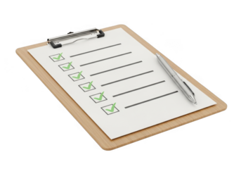 Clipboard with checklist and pen, showing completed tasks with green check marks isolated on transparent background