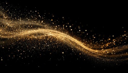 An abstract artistic composition of a golden, sparkling flowing wave against a black backdrop
