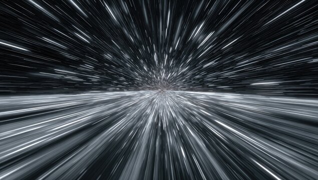 Digital art piece depicting a simulated journey at warp speed. Focus on the streaks