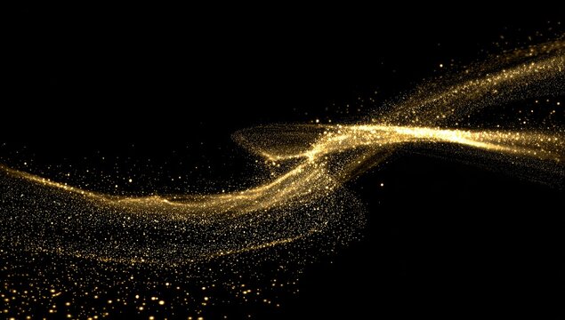 Abstract golden glowing particles form a flowing wave against a stark black background