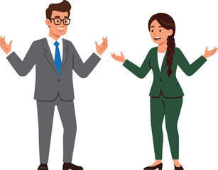 Cartoon business professionals in conversation, man in gray suit with glasses and woman in green suit, teamwork communication illustration design