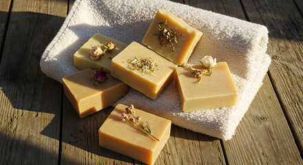 Handmade soap bars on towel